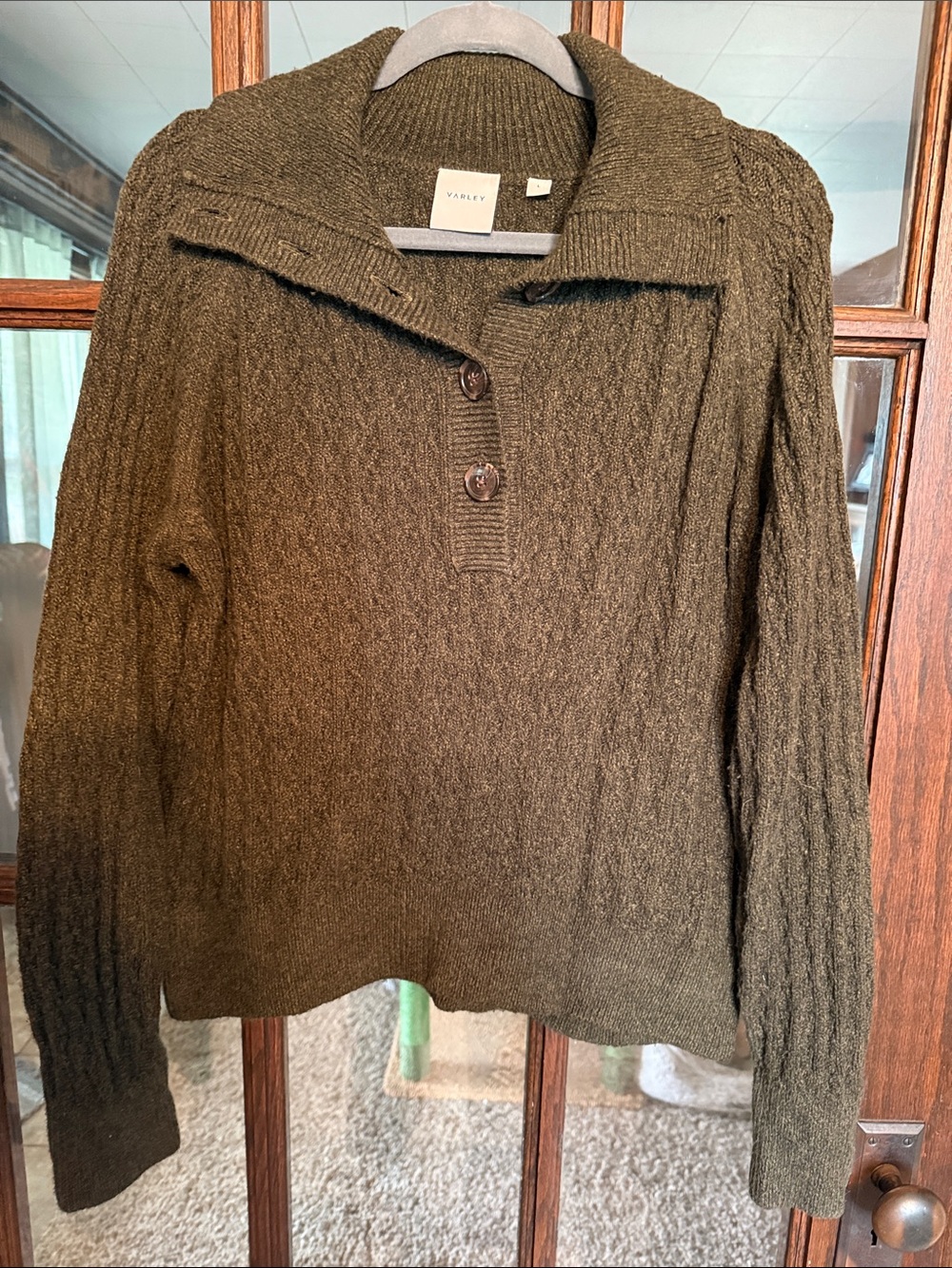 Varley Olive Green Cable Knit Button Collar Sweater Size L Quiet Luxury Preppy